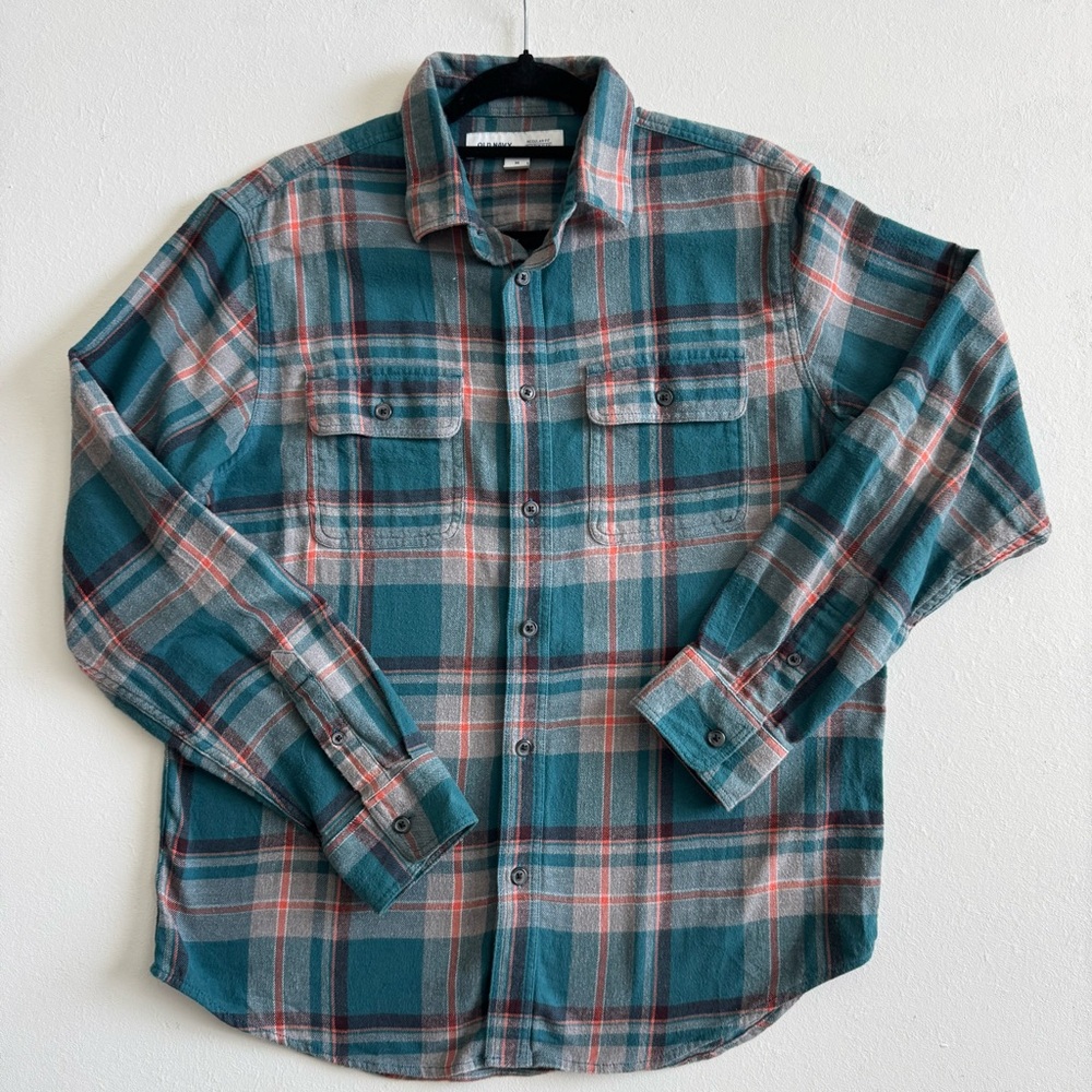 Old Navy Teal and Red Plaid Casual Button-Down Built-in Flex Shirt Size M